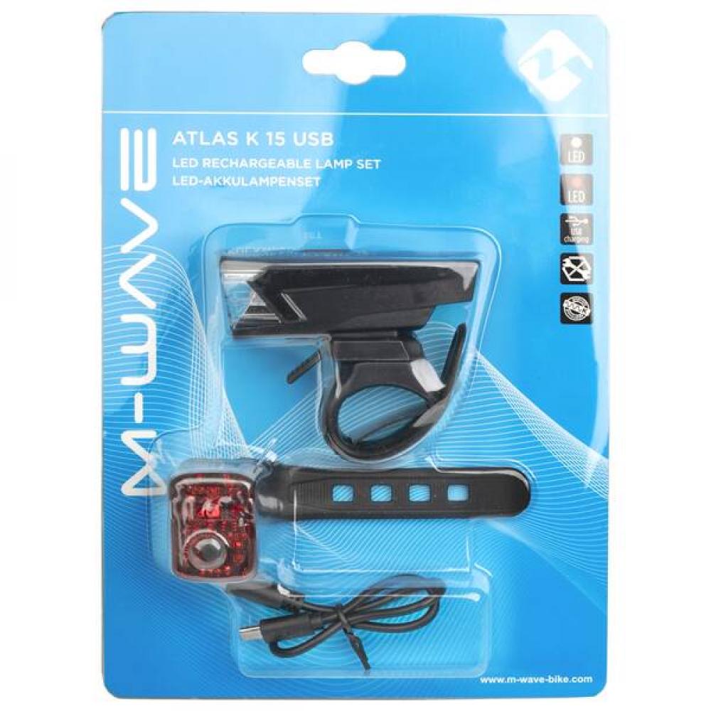 M-WAVE Atlas K 15 USB Akku-Beleuchtungsset - 30 Lux StVZO
