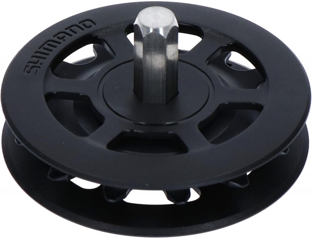 Schwarze SHIMANO Spannrolle CT-S510 für Nabendynamo-Kettenführung, mit silbernem Stift in der Mitte.