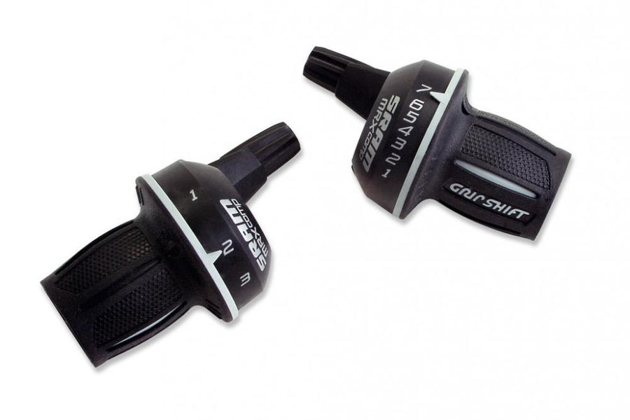 Schwarze SRAM MRX Comp Drehgriff-Schalter, 7-fach für hinten und 3-fach für vorne.