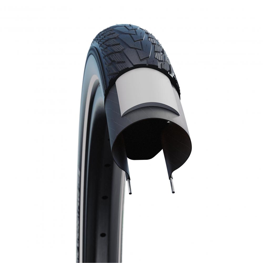 Schwalbe ROAD CRUISER PLUS 20x1.75 Fahrradreifen Querschnitt mit GREEN PunctureGuard Pannenschutz.