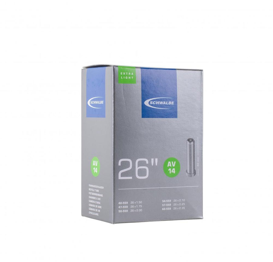 Schwalbe AV14 Extra Light 26 Zoll MTB Schlauch, 40-60/559, 40mm Autoventil, Butyl Fahrradschlauch.