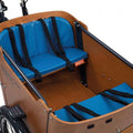 Babboe Curve Lastenrad mit Kissenset Pretty Petrol: blaue Polster und Gurte für den Kindertransport.