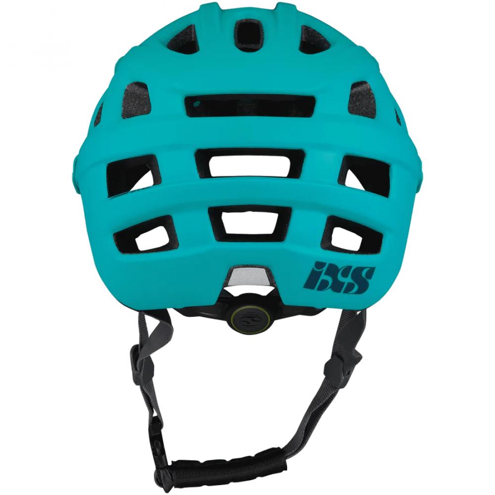 Rückansicht des iXS Trail EVO Helms Lagoon Türkis, sicherer All-Mountain & Trail-Helm mit Belüftungsschlitzen.