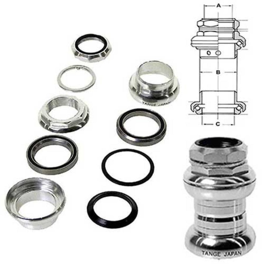 Tange Japan 1" Gewinde Steuersatz aus silbernem Aluminium mit Cartridge-Lagern: Einzelteile, montiert und technische Zeichnun