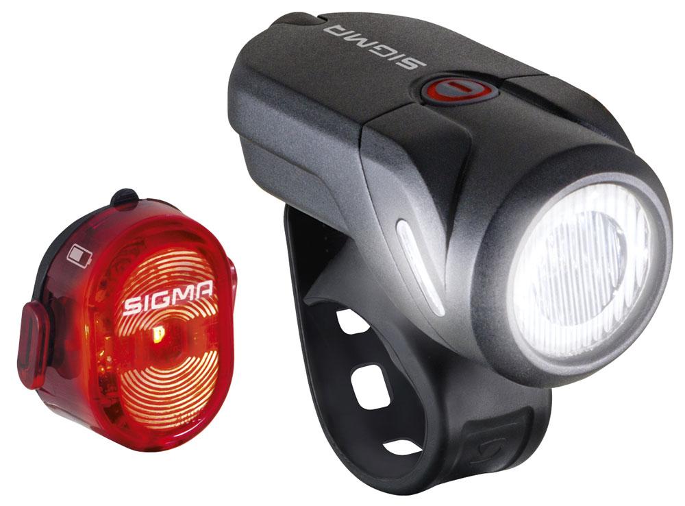 Sigma Akku-LED-Beleuchtungsset Aura 35 USB (35 Lux/45 m, 2 Modi, Micro-USB, StVZO) + Nugget II Rücklicht (400 m Sicht, USB)