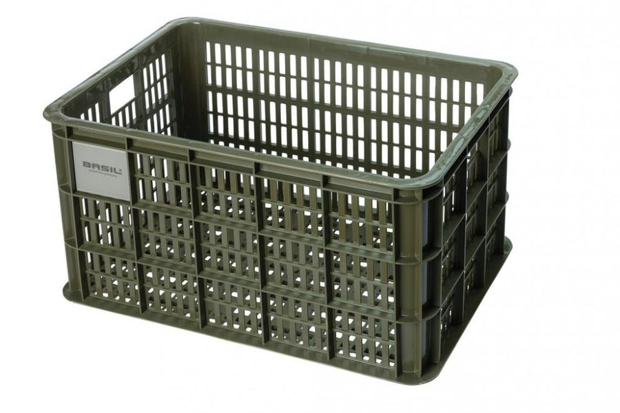 Moosgrüne Basil Crate L Fahrradkiste 40L aus recyceltem Kunststoff für Einkäufe und Alltag, MIK-kompatibel.