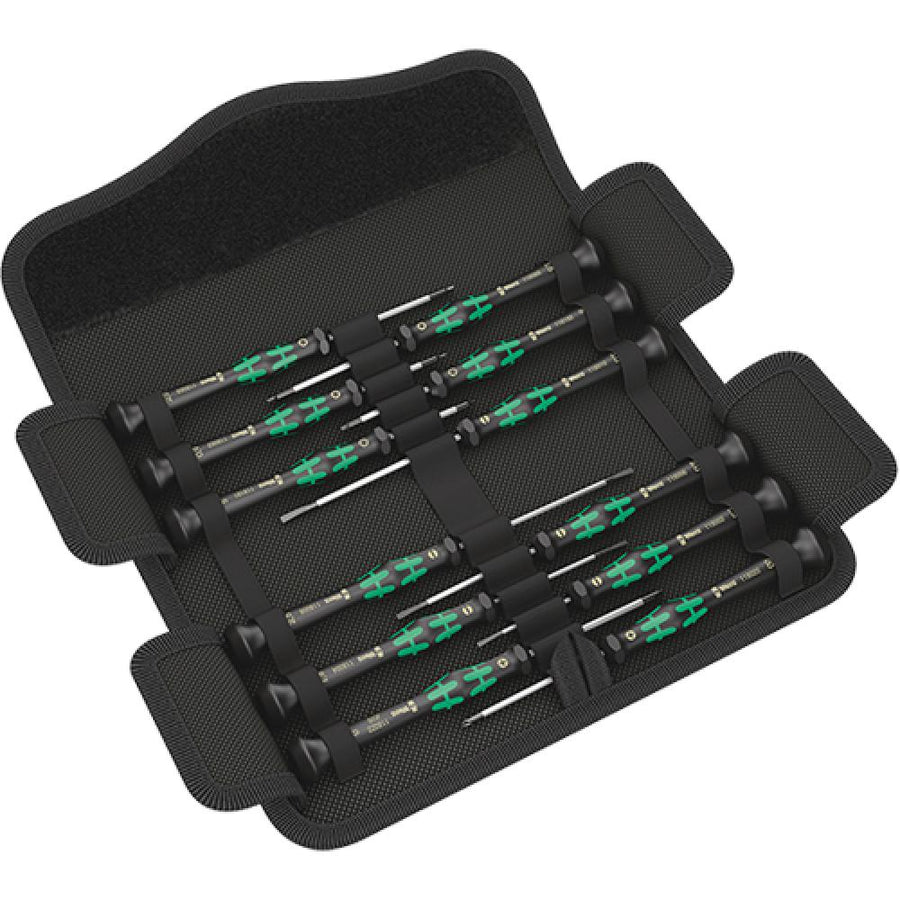 Wera Kraftform Micro 12 Universal 1 Schraubendreher 12-teilig in offener schwarzer Werkzeugtasche präsentiert.