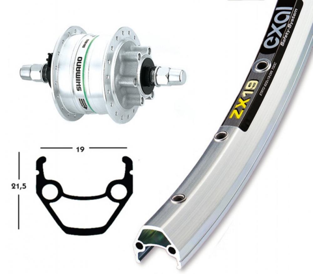 Silbernes 28x1.75 Vorderrad mit Shimano DH-3D32 Nabendynamo, Exal ZX 19 Felge, 36-Loch, Festachse und Nirosta-Speichen.