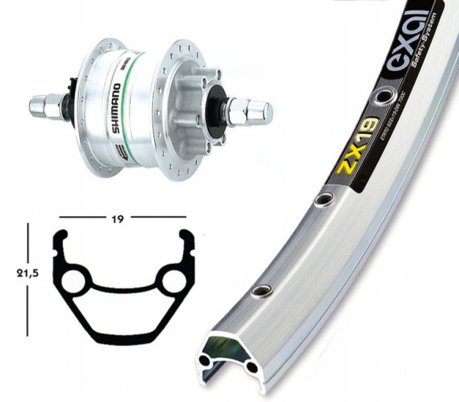 Silbernes 28x1.75 Vorderrad mit Shimano DH-3D32 Nabendynamo, Exal ZX 19 Felge, 36-Loch, Festachse und Nirosta-Speichen.