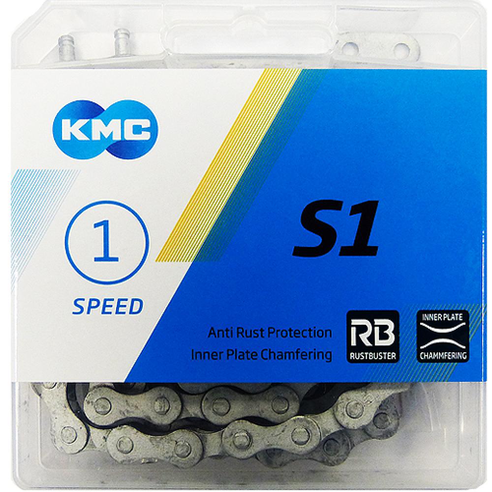 KMC S1 Wide RB 1-fach Singlespeed Fahrradkette matt silber – robuste Kette mit Rostschutz in Blisterverpackung.