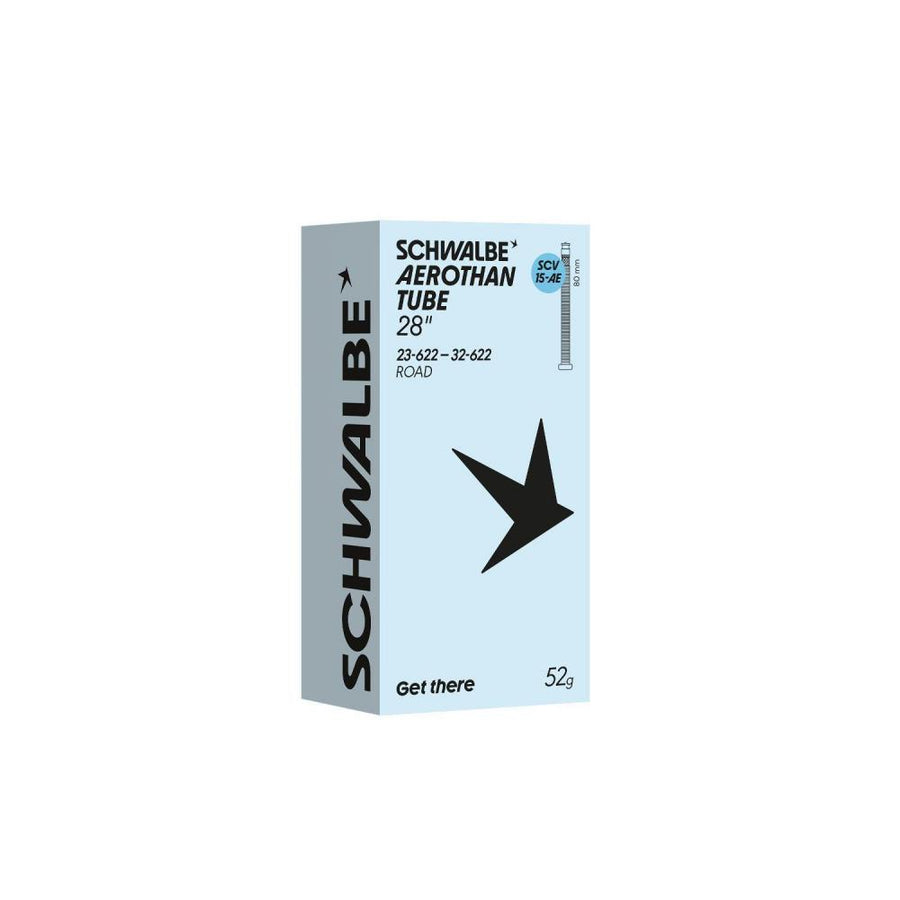 Schwalbe Aerothan SCV15 Fahrradschlauch 23/32-622 80mm, 105g ultraleicht & pannensicher auf hellblauer Box.