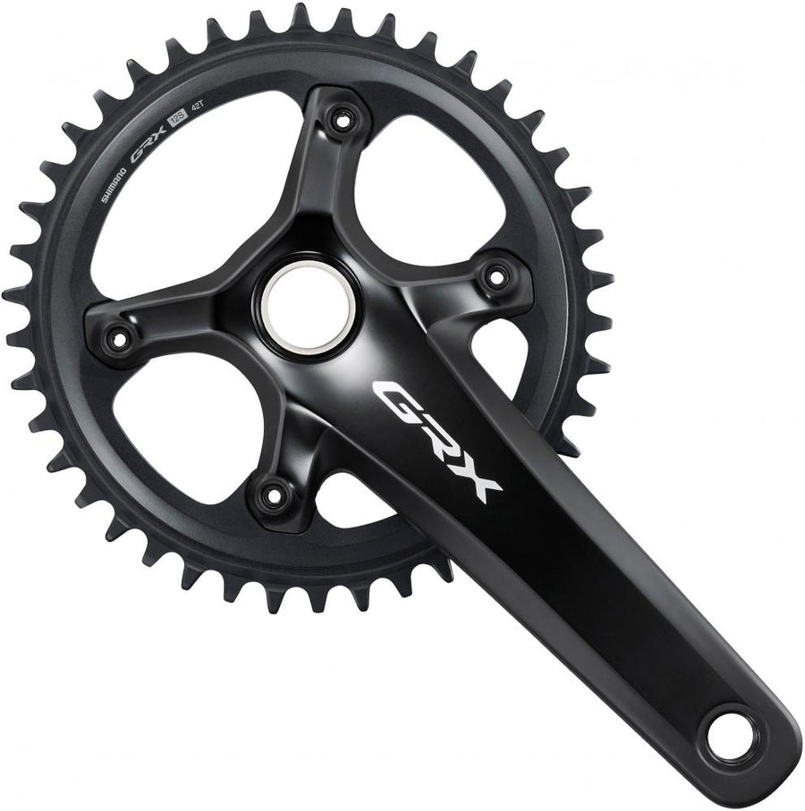 Schwarze SHIMANO GRX FC-RX820-1 Kurbelgarnitur mit 42 Zähnen und 172.5mm Kurbelarm.