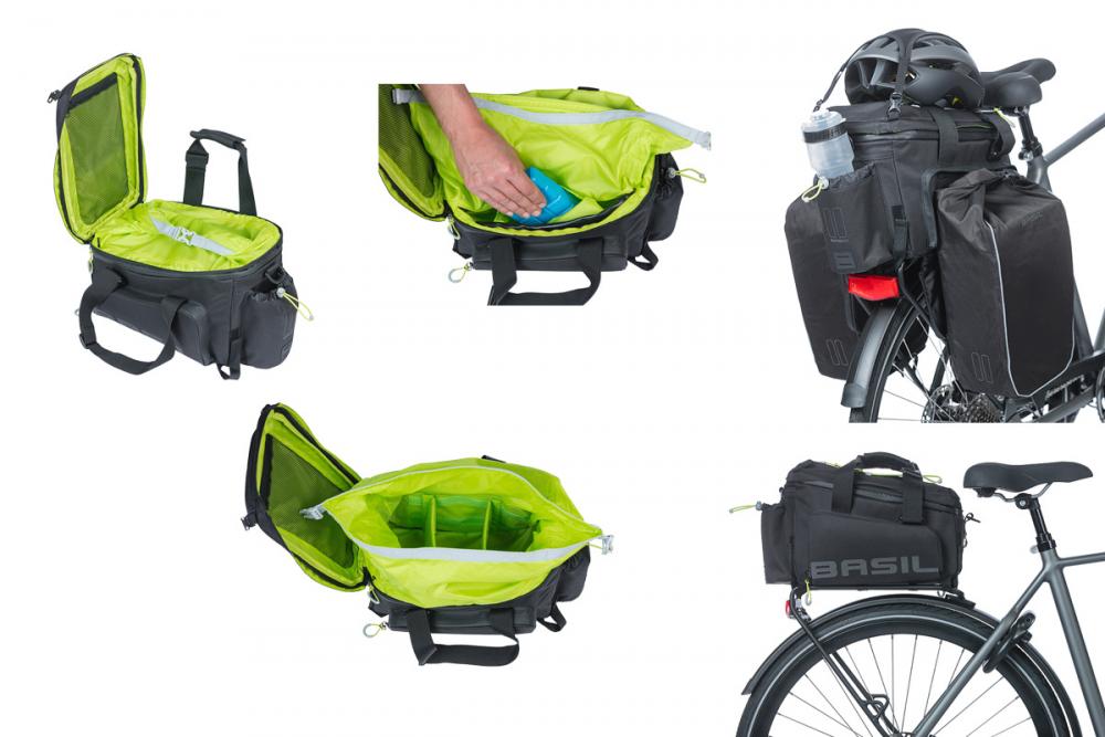 Basil Miles XL Pro MIK 2.0 Gepäckträgertasche schwarz/lime, wasserdicht, mit MIK-2.0 Adapterplatte am Fahrrad.