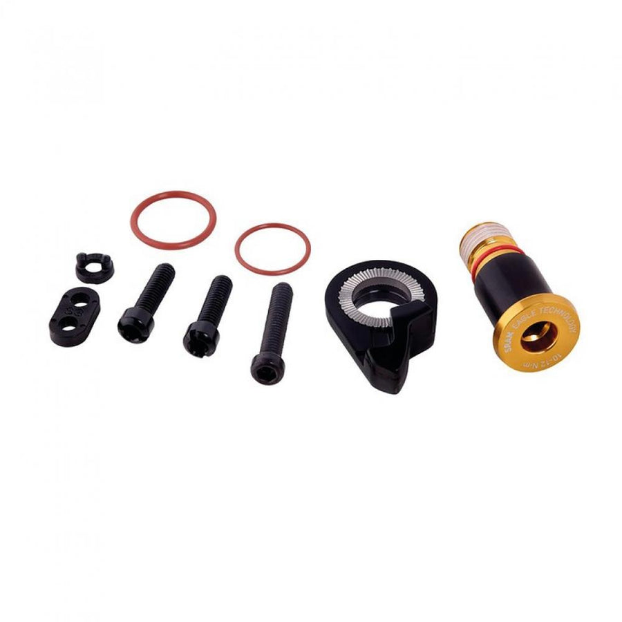 Schraubenset SRAM XX1 Eagle Gold für Schaltwerk: Befestigungs- und Einstellschrauben, O-Ringe und gold-schwarzes Bauteil.