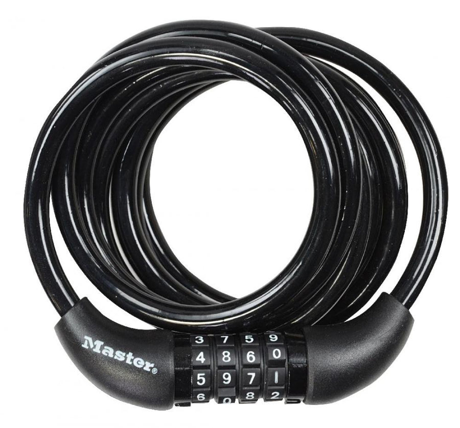 Master Lock, Kabelschloss 8221, mit 4-stelligem Zahlencode (einstellbar), Kabeldicke 8mm, Länge 1800mm, Farbe schwarz, Gewicht ca.285gr., (Herst.Nr.8221EURDPRO)
