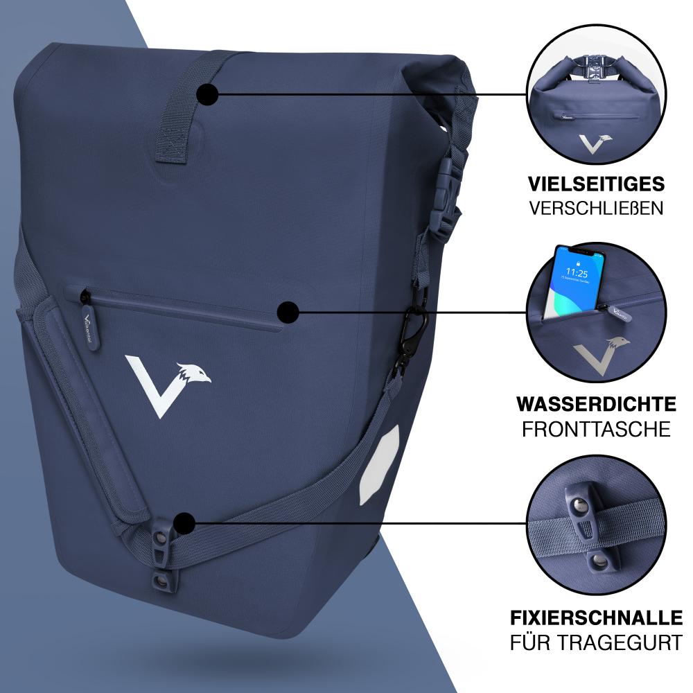Meeresblaue Valkental ValkOcean Fahrrad-Gepäckträgertasche mit wasserdichter Fronttasche, Rollverschluss und Tragegurt.