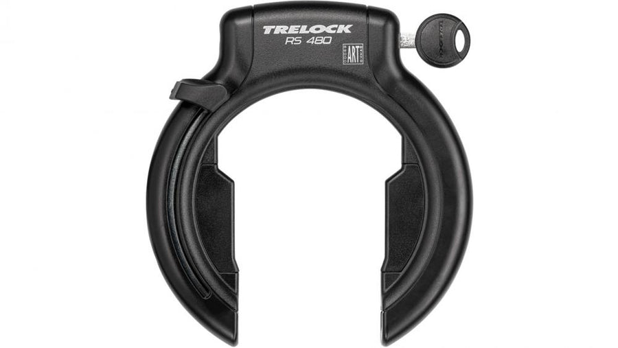Schwarzes TRELOCK RS 480 NAZ XL Rahmenschloss mit Schlüssel, breitem Durchlauf und hohem Diebstahlschutz.