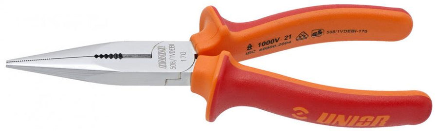 Unior 508-1VDEBI Flachrundzange mit Schneide, VDE-isoliert, rot-orange Griffe.