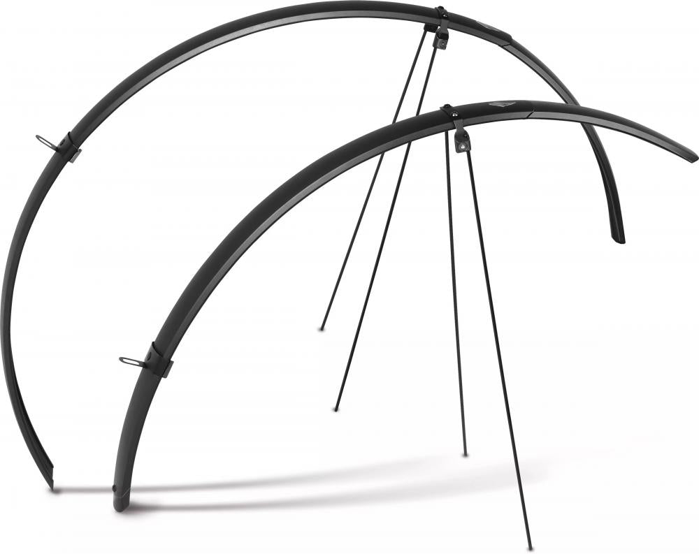 Specialized DRY-TECH FENDER SET 35C 35 schwarz, zwei Rennrad-Schutzbleche mit Halterungen auf weißem Grund.