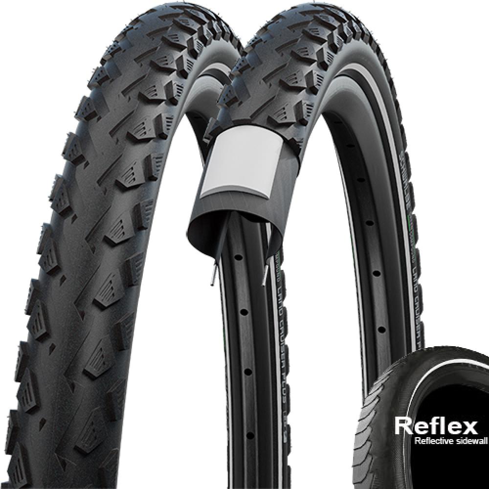 Schwalbe Land Cruiser Plus Fahrradreifen schwarz mit Reflexstreifen, robustem Profil und Pannenschutz.