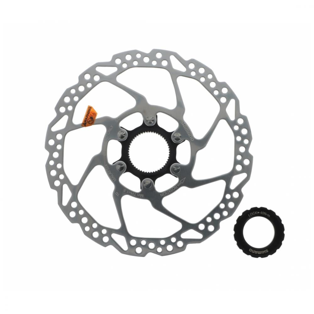 Shimano SM-RT54 180mm Center Lock Bremsscheibe für Fahrräder mit Sicherungsring, silber und schwarz.
