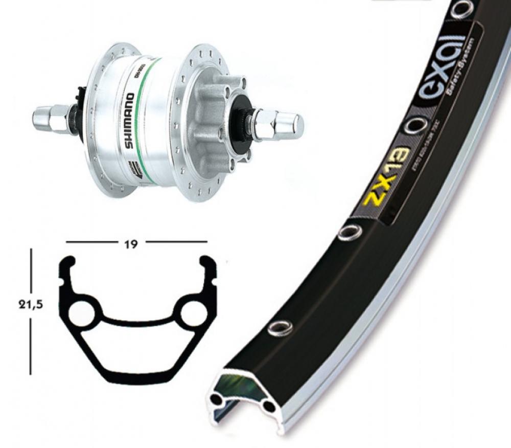 Laufrad|Vorderrad 28x1.75 Zoll DH-3D32 Disc 6-Loch silber Festachse 36-Loch Exal ZX 19 schwarz|silber Nirosta-Speichen