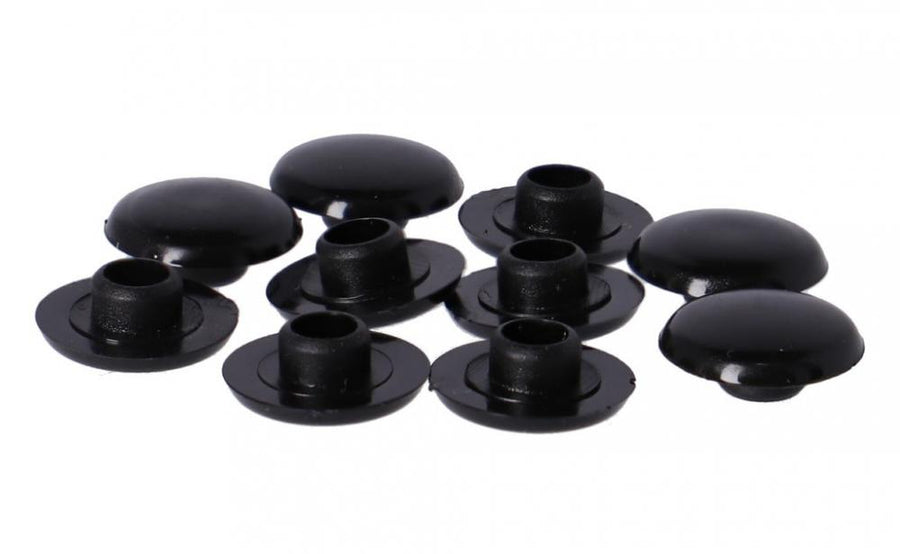 Schwarze Fix-Nippel Abdeckkappen 13x5mm, 10 Stück, für Innensechskant SW 6mm.