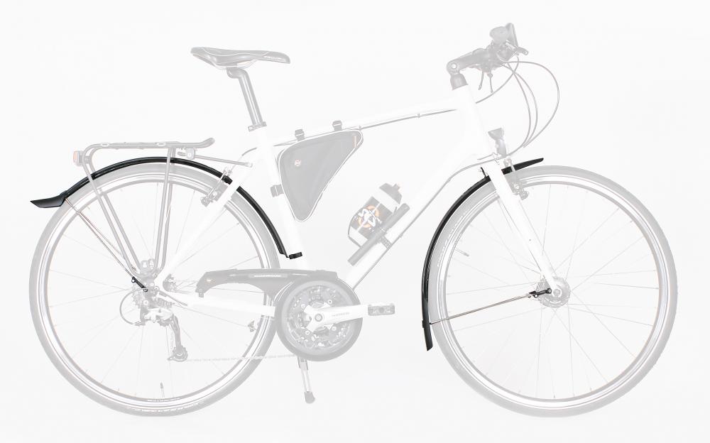 Schwarze SKS Velo 42 Urban 28 Zoll Steckbleche an weißem Fahrrad montiert, robuster 42mm Kunststoff-Spritzschutz.