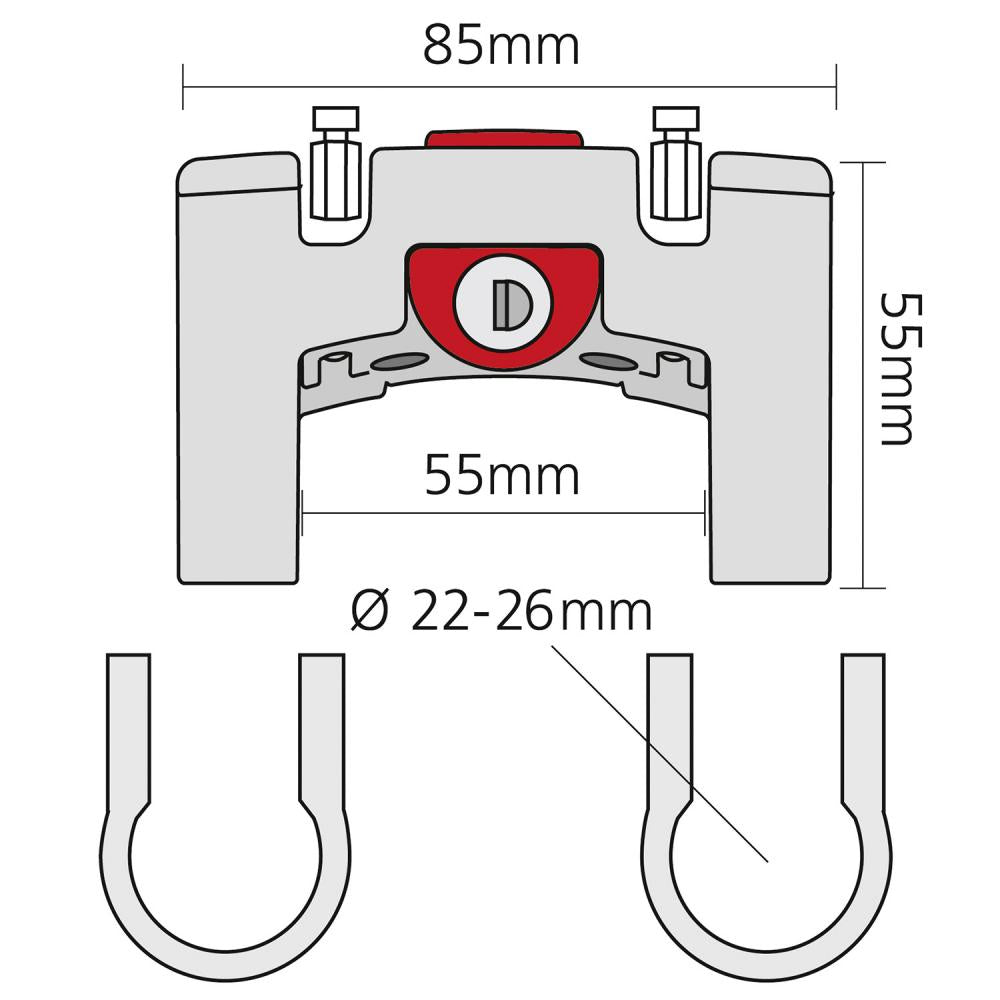 Technische Zeichnung mit Maßen des KLICKfix Lenkeradapters mit Schloss 22-26 mm für Fahrradkörbe und Taschen.