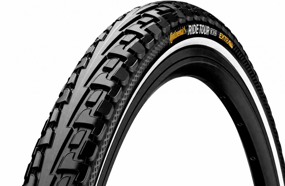 Continental Conti Ride Tour E-25 Fahrradreifen 24x1.75, schwarz mit Reflexstreifen und robustem Profil.