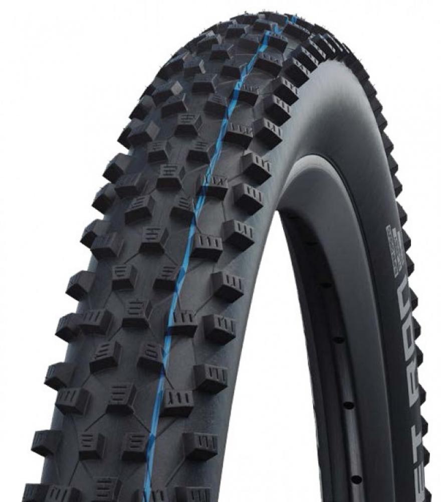 Schwarzer Schwalbe Rocket Ron Mountainbikereifen mit aggressivem Stollenprofil und blauem Mittelstreifen.