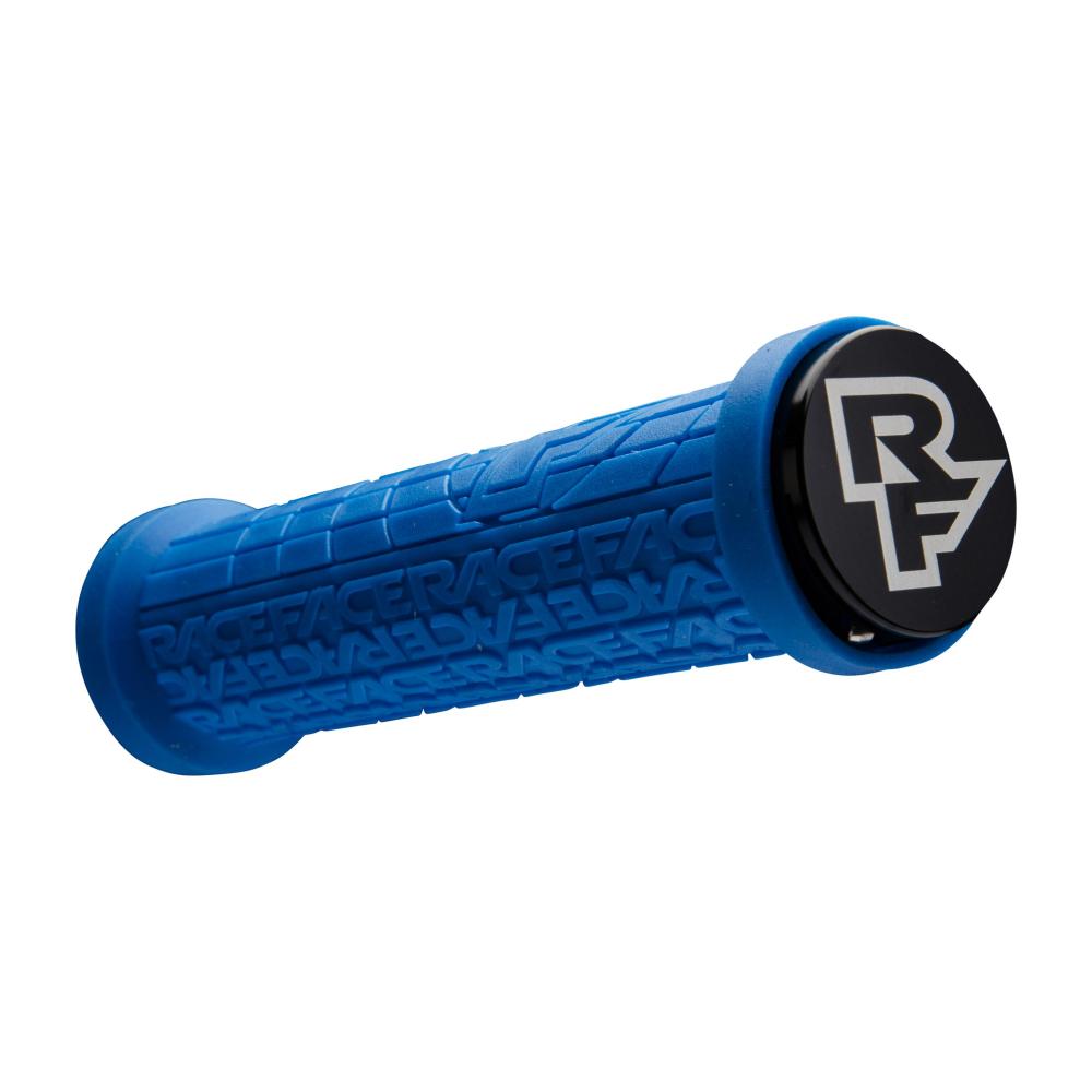 Blauer Race Face Grippler Lock-On Fahrradgriff mit RF-Logo für sicheren Halt und Komfort am Lenker.