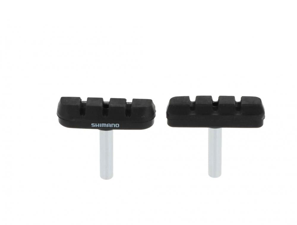 Zwei schwarze Shimano BR-CT91 Cantilever Bremsschuhe für mechanische Felgenbremsen mit silbernen Befestigungsbolzen.