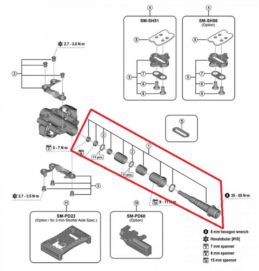 SHIMANO Pedalachse Baugruppe f.PD-M9200, B.C.9/16"x20T.P.I., links, f.3mm kürzere Achse - 9200, 16", 3mm