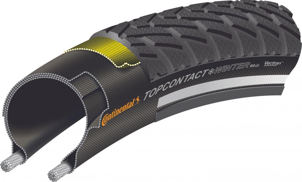 Schnittbild Continental TopContact Winter E-50 Fahrradreifen mit Winterprofil, Reflexstreifen und Vectran Pannenschutz.