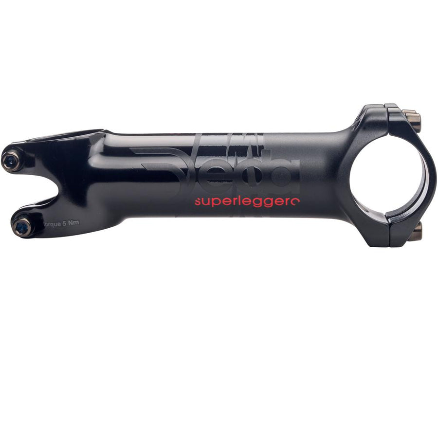 Deda Superleggero Vorbau 120mm, schwarz glänzend mit rotem Schriftzug und Drehmomentangabe 5 Nm.
