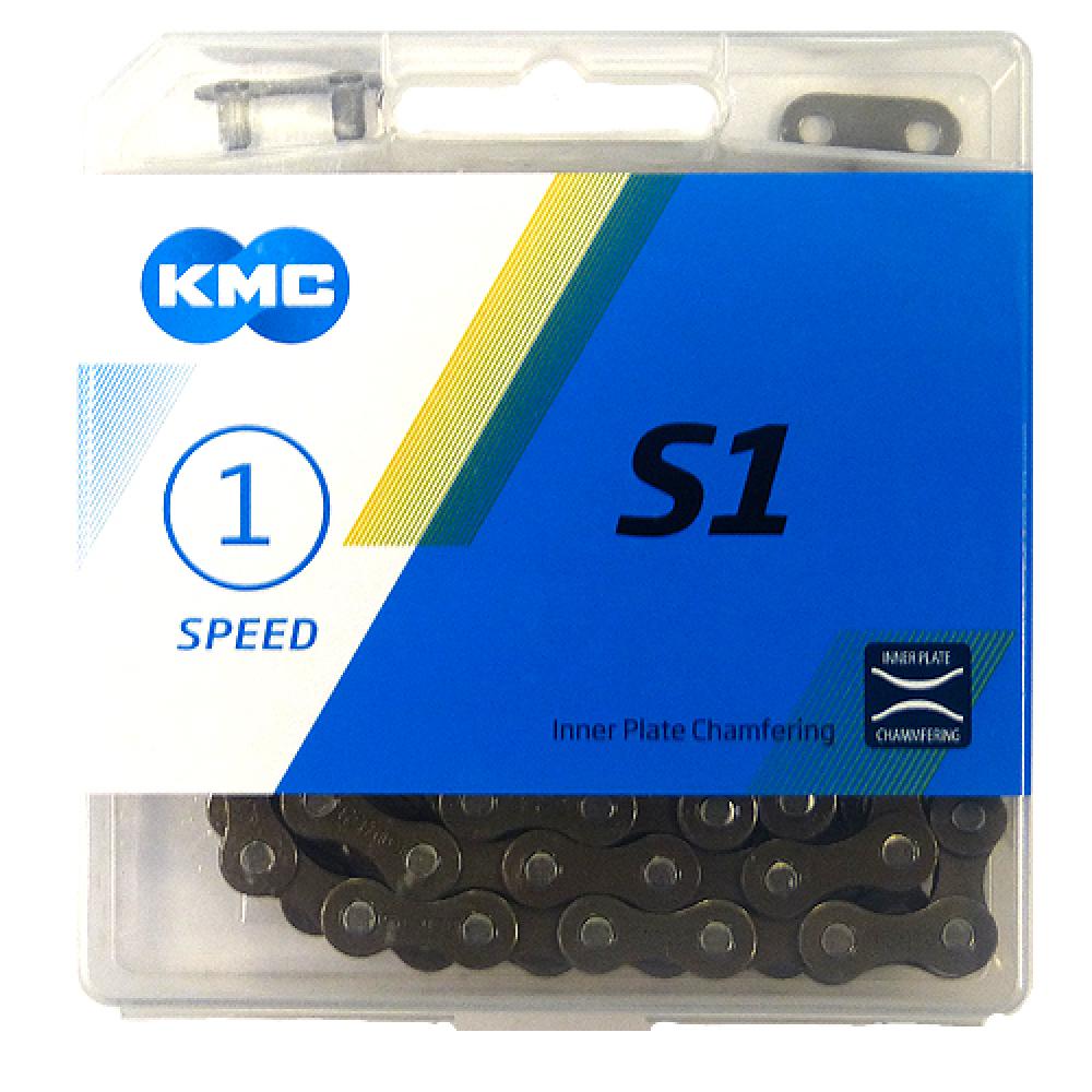 Robuste KMC S1 Wide 1-fach Singlespeed-Fahrradkette in Braun mit 112 Gliedern in der Originalverpackung.