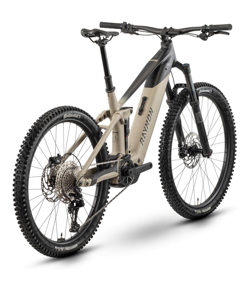 RAYMON Vamok Base E-MTB Fully Größe XL - Bosch Performance Line CX - 800 Wh - Shimano Deore 12-fach - 29/27,5-Zoll Mullet - Greige/Black