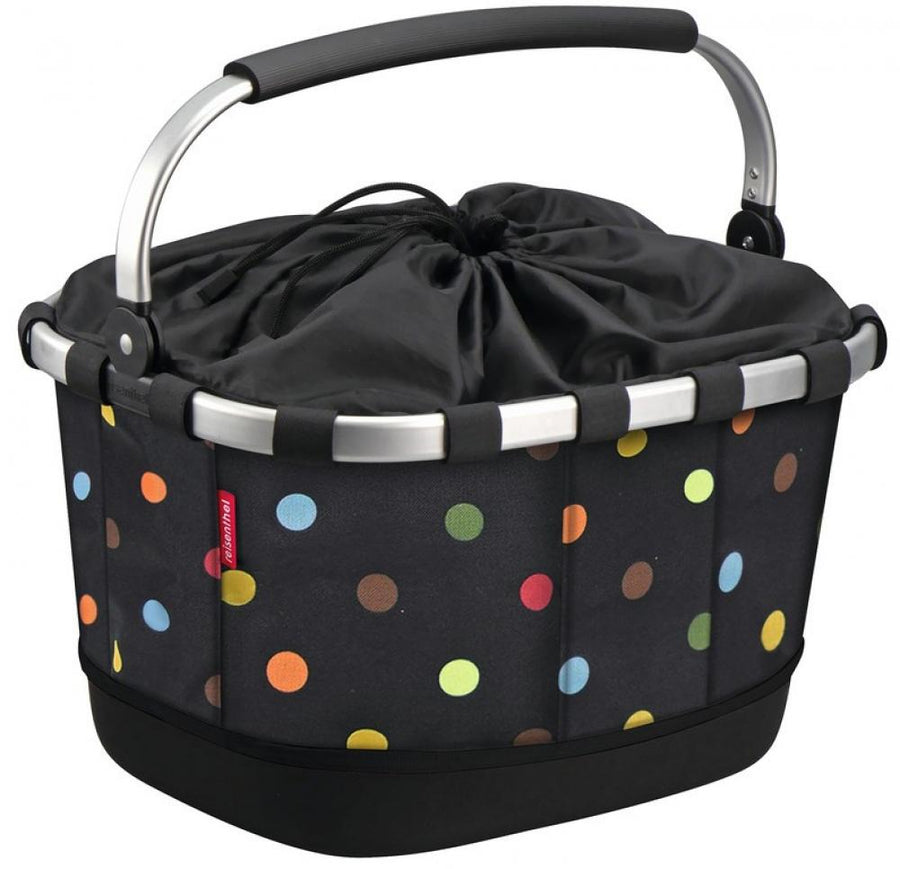 KLICKfix Fahrradkorb Carrybag GT dots für Racktime, schwarz mit bunten Punkten und Zugverschluss.