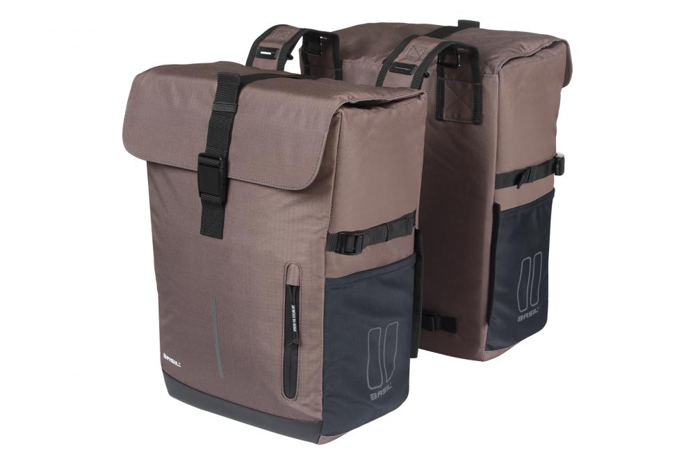 Basil Doppelpacktasche Move 30 Liter Braun - doppelte Fahrradtasche mit Universal-Bridge / MIK-Kompatibilität, wasserabweisendem recyceltem Polyester & Reflektoren