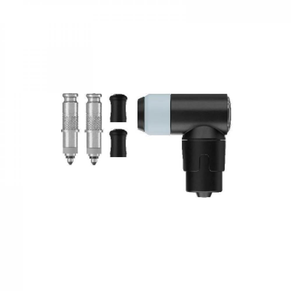Schwalbe CLIK VALVE DV-SCV Umrüstkit: zwei Dunlop-Ventile, Kappen und Winkel-Pumpenkopf für Ventilwechsel.