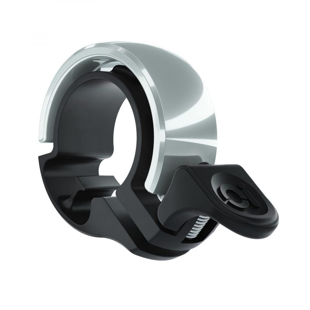 Knog Oi Classic Fahrradklingel 22.2mm, schwarz-silber poliert, modernes Ringdesign.