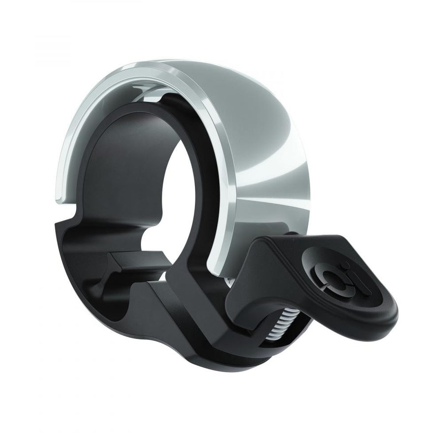 Knog Oi Classic Fahrradklingel 22.2mm, schwarz-silber poliert, modernes Ringdesign.