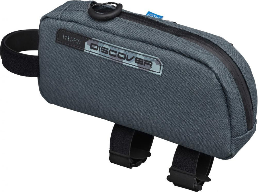 PRO Discover Oberrohrtasche 0,75l, wasserdichte graue Bikepacking-Tasche für Fahrräder mit Klettverschluss.