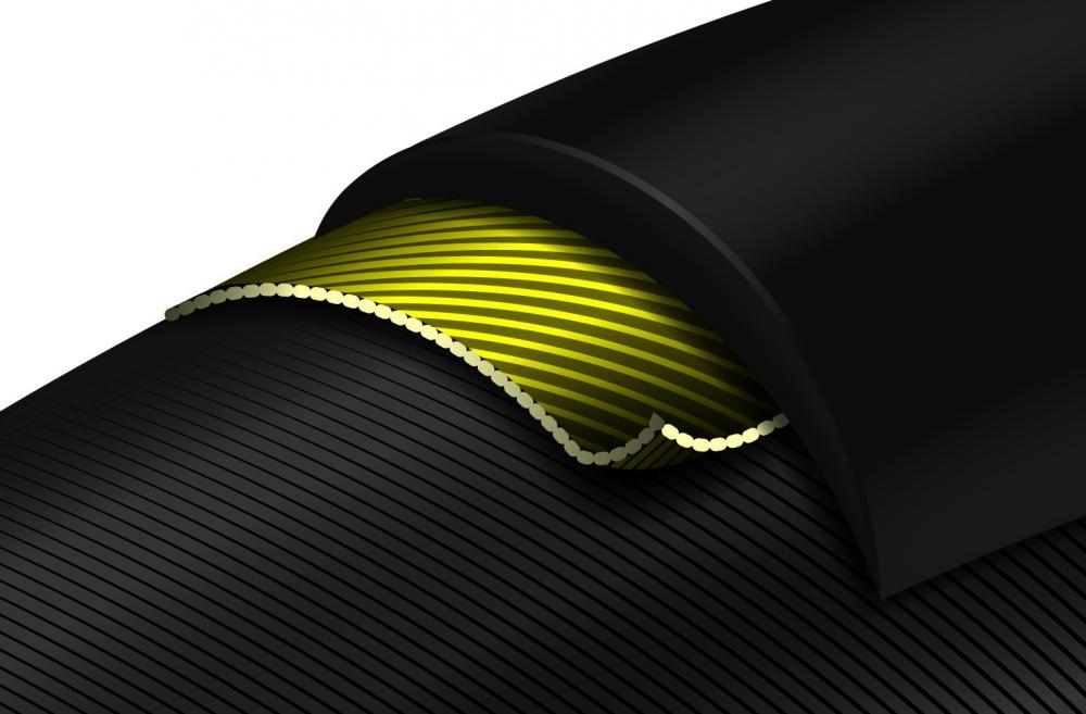 Continental Grand Prix 5000 S TR Tubeless-Ready Rennradreifen. Schwarzer Reifen mit gelber Innenschicht im Querschnitt.