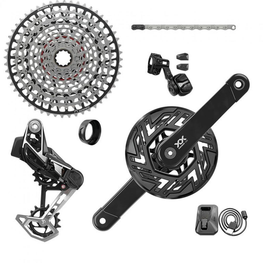 SRAM XX AXS Eagle Transmission E-MTB 12-fach Antrieb Kit mit Kassette, Kette, Schaltwerk, Shifter, Kettenblatt und Ladegerät.
