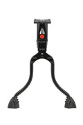 Schwarzer Hebie REX Zweibeinständer für Fahrräder 26-28 Zoll, 29cm Länge, mit rotem Knopf.