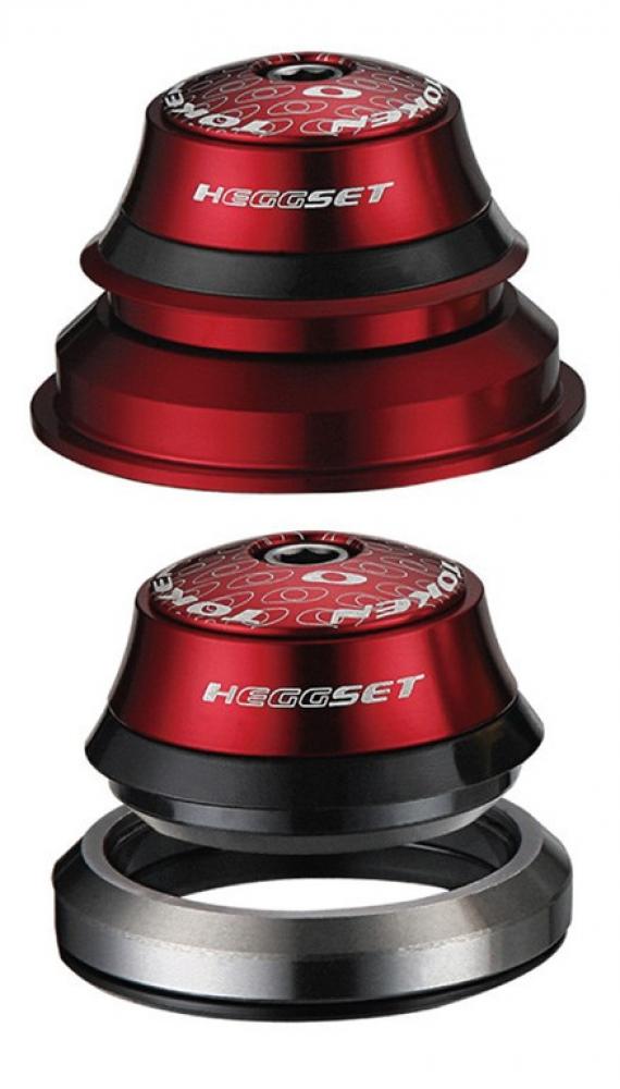 Roter TOKEN hEGGset AHead 4in1 Fahrrad-Steuersatz (1 1/8" & Taper) in zwei Ansichten, einmal mit unterem Lager.