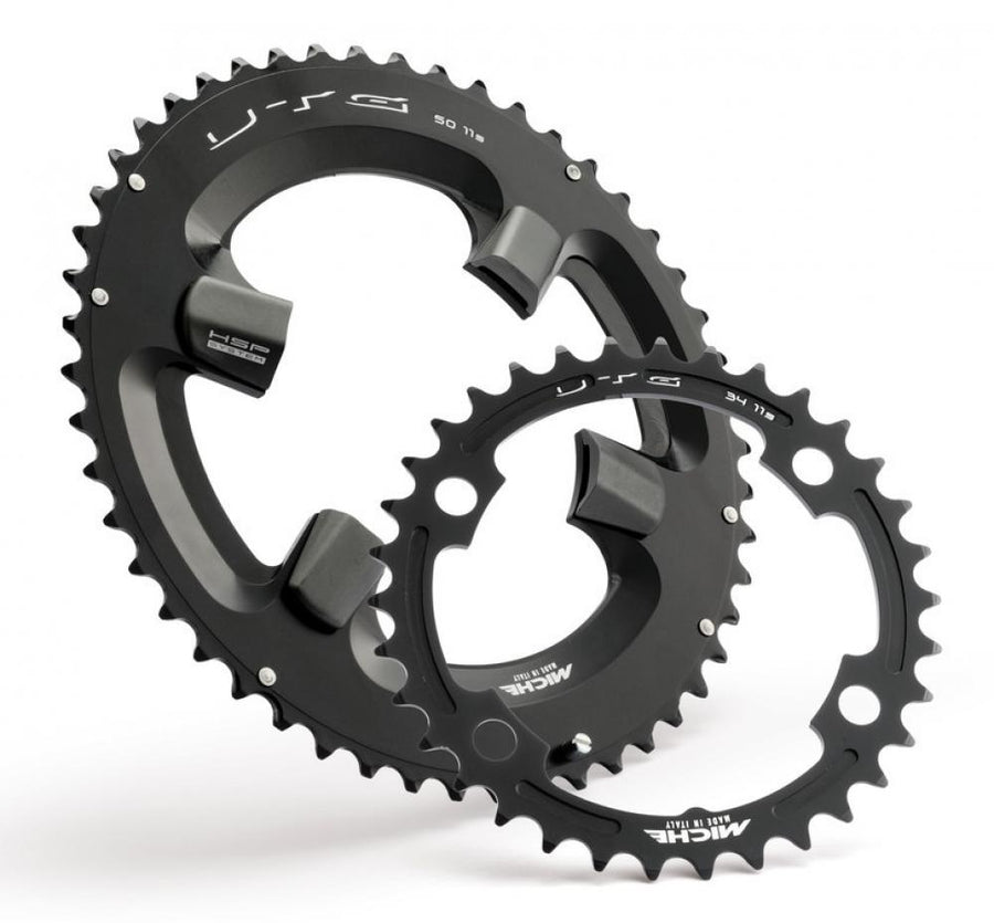Miche Kettenblatt Super11 UTG Shimano Ultegra 6800, außen 53Z. Zwei schwarze Fahrrad-Kettenblätter für Rennräder.