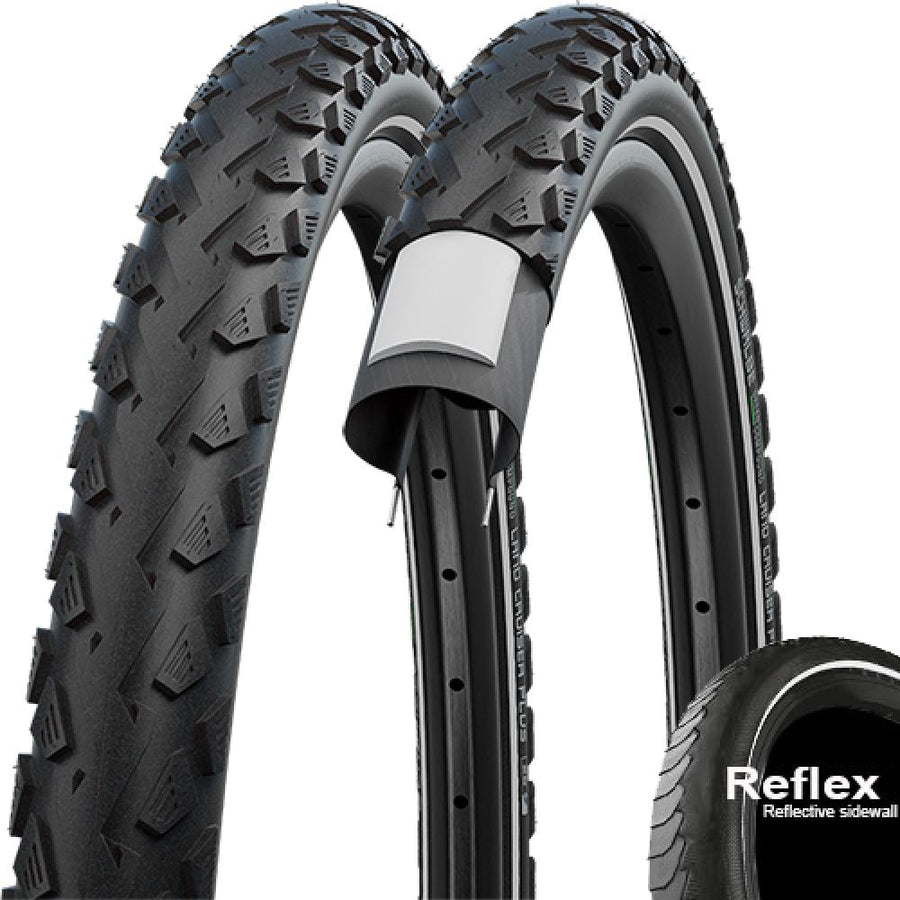 Schwalbe Land Cruiser Plus Fahrradreifen schwarz Reflex E-25, zeigt robustes Profil und Pannenschutz.